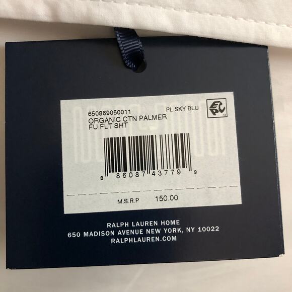 Ralph Lauren Organic Cotton Percale Palmer Full Flat Sheet White Pale Sky Blue - Picture 10 of 10